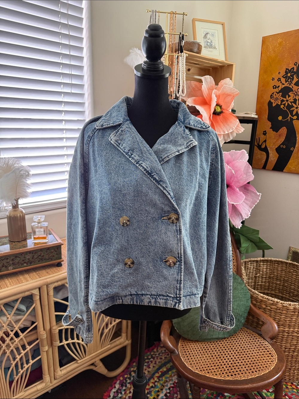 Divided H&M Acid Wash Denim Double Breasted Peacoat Jean Jacket